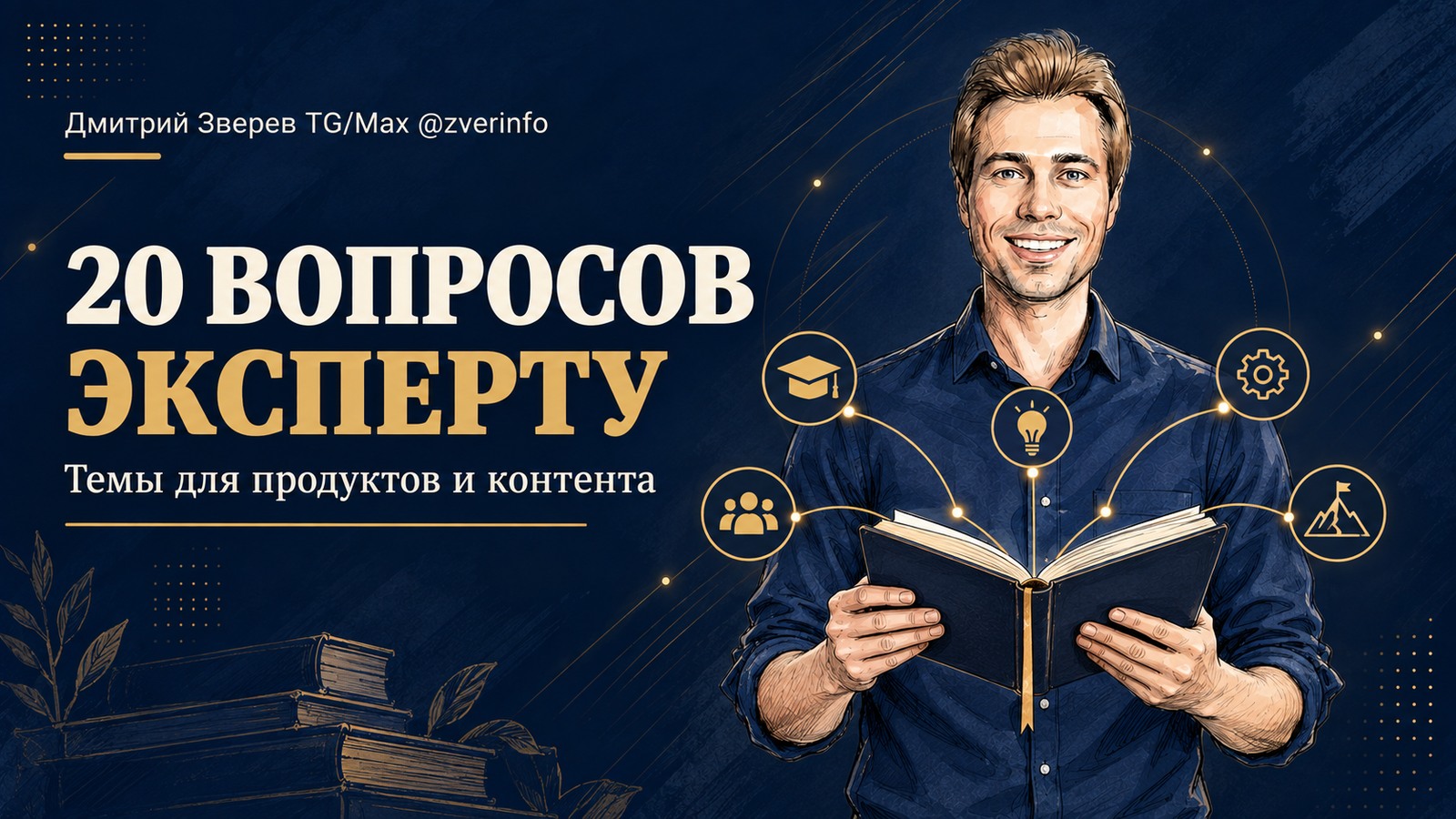 Дмитрий Зверев с блокнотом и схема 20 вопросов эксперту для поиска тем контента