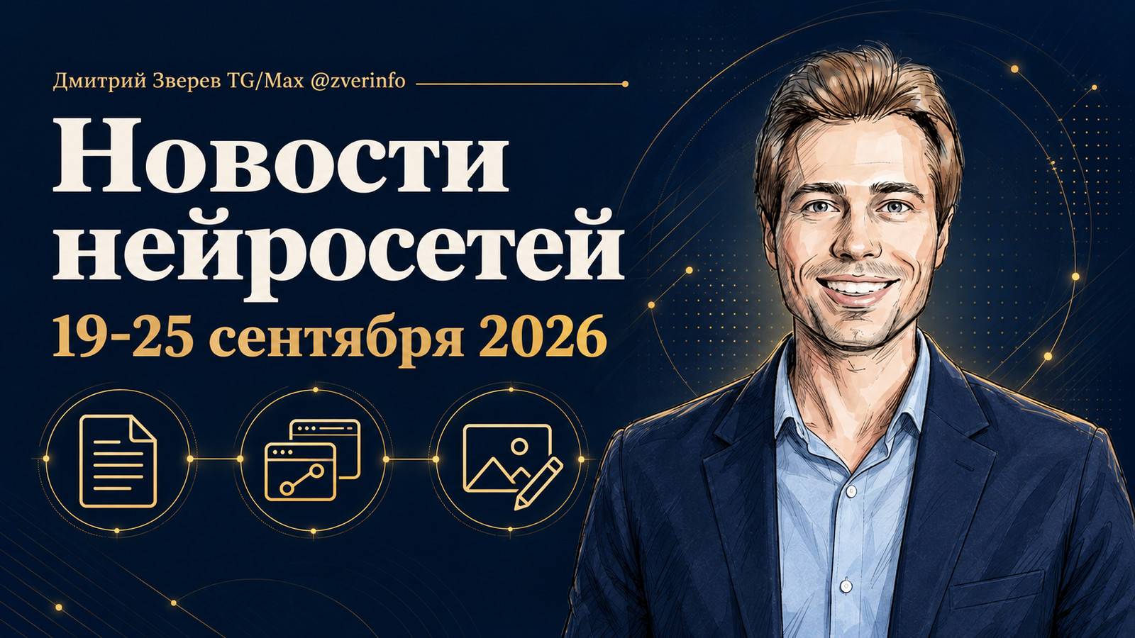 Дмитрий Зверев рядом с заголовком «Новости нейросетей 19-25 сентября 2026» и значками документа, приложений и изображения
