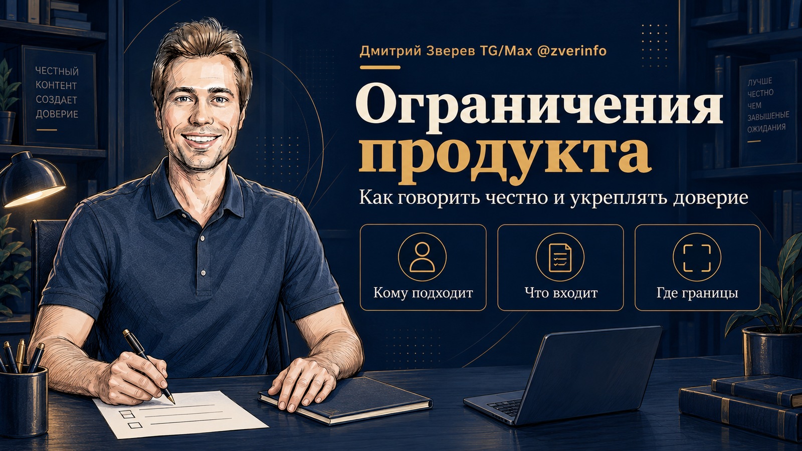 Дмитрий Зверев за рабочим столом; рядом надпись «Ограничения продукта» и карточки «Кому подходит», «Что входит», «Где границы».