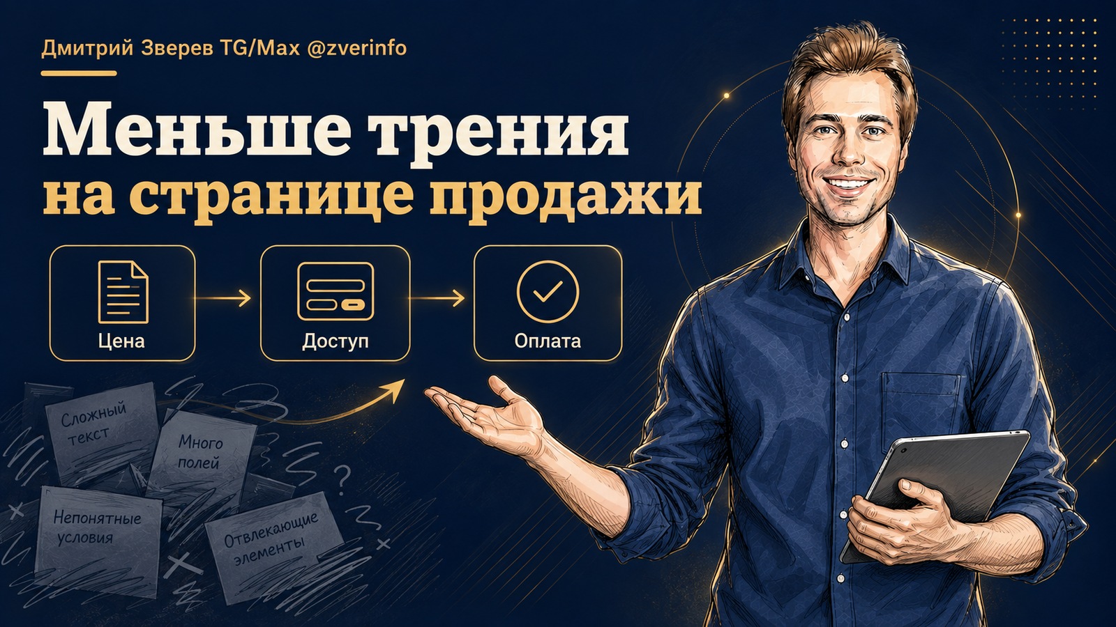 Дмитрий Зверев с планшетом показывает схему «Цена - Доступ - Оплата» под заголовком «Меньше трения на странице продажи».