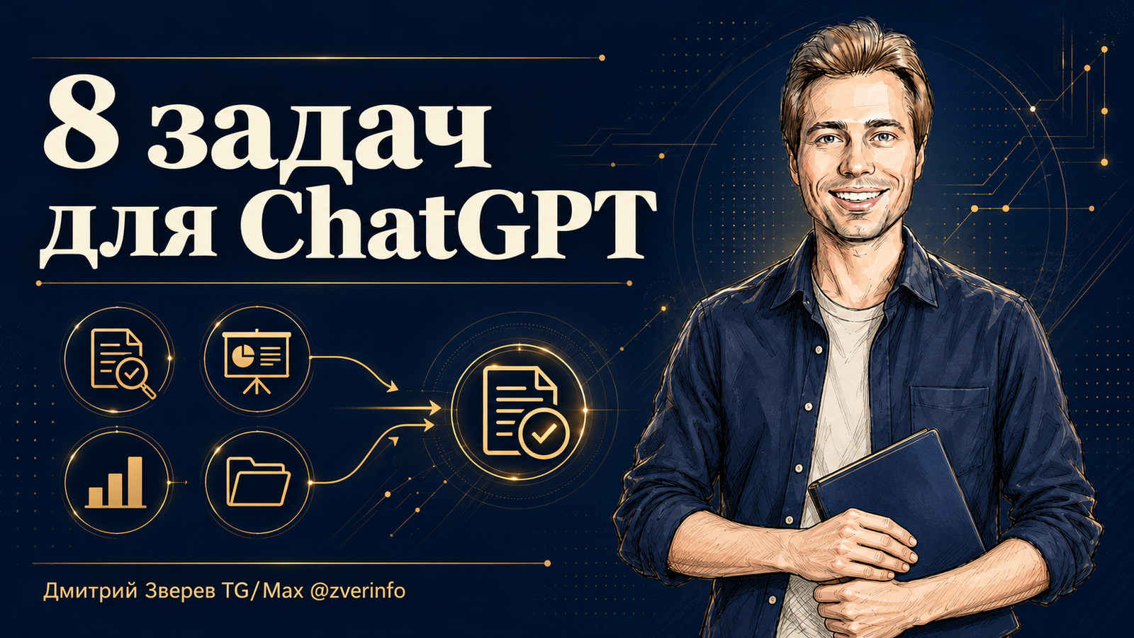 Дмитрий Зверев с папкой и схема задач для ChatGPT: исследование, презентация, таблица и организация файлов