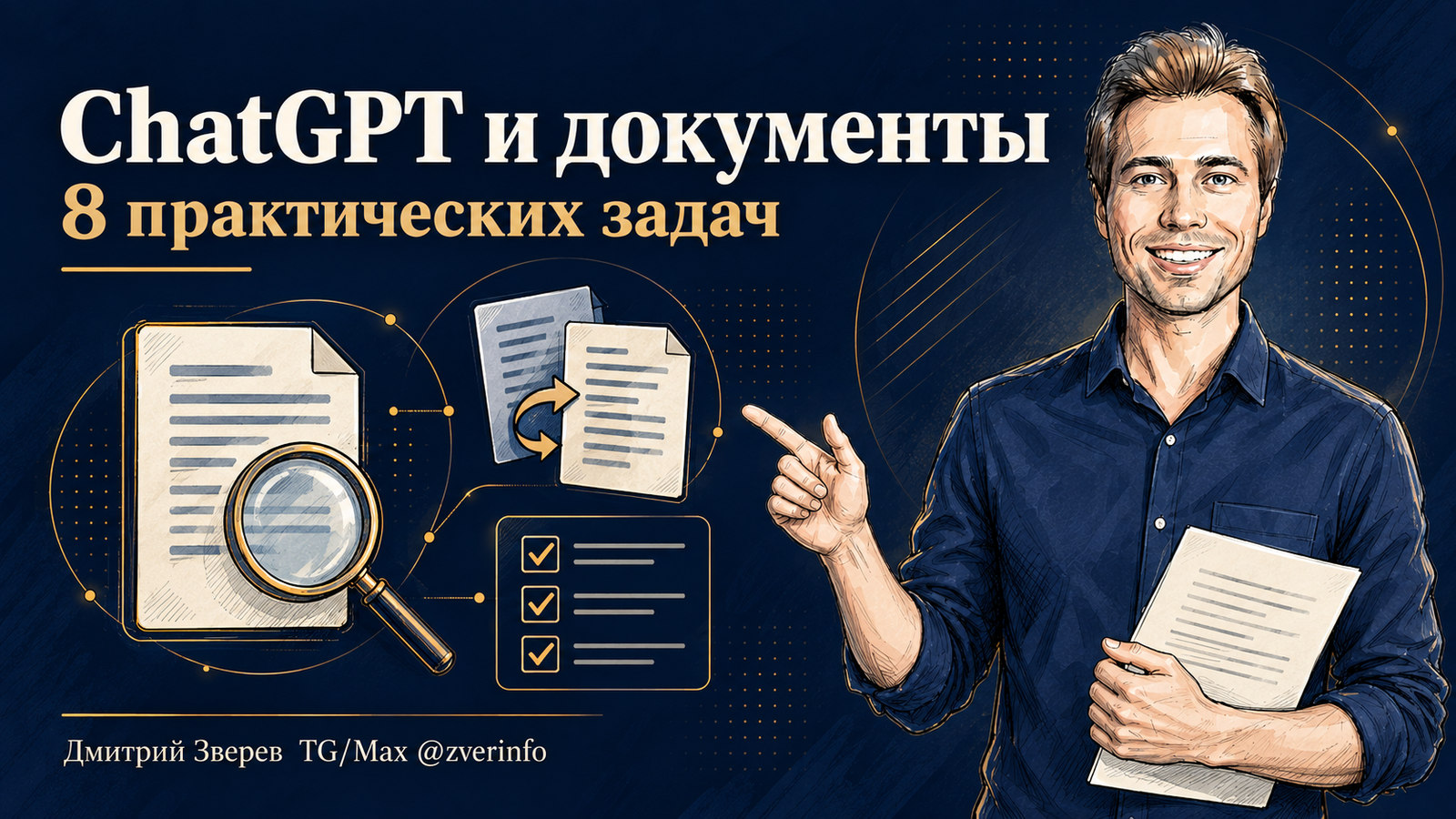 Дмитрий Зверев с документом, рядом страницы двух версий, чек-лист и лупа; обложка статьи о восьми задачах ChatGPT для работы с документами