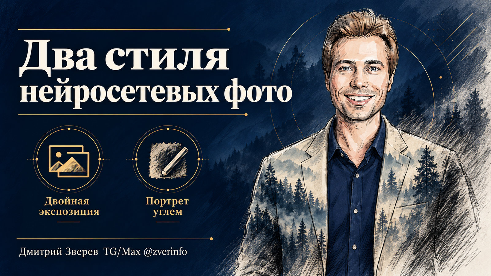 Дмитрий Зверев на обложке о двух стилях нейросетевых фото: двойной экспозиции и портрете углем