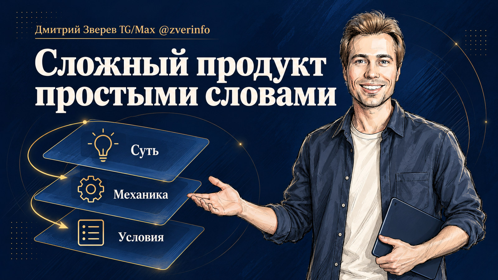 Дмитрий Зверев с планшетом показывает три слоя объяснения: «Суть», «Механика», «Условия». Заголовок: «Сложный продукт простыми словами».