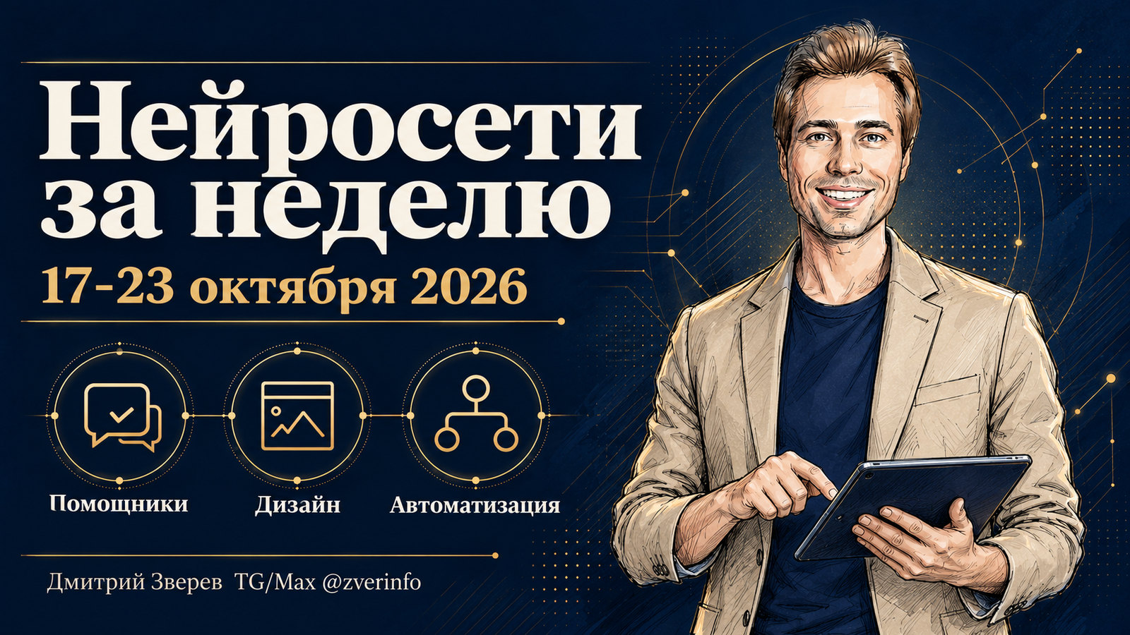 Дмитрий Зверев с планшетом и схема новостей нейросетей за 17-23 октября 2026 года: помощники, дизайн и автоматизация