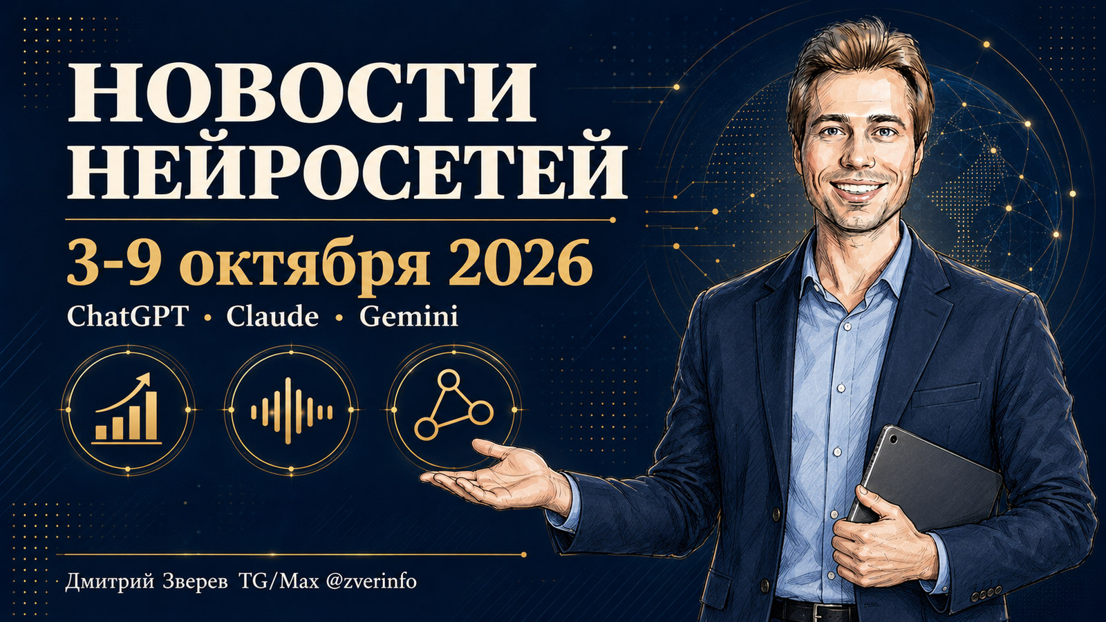Дмитрий Зверев с планшетом рядом с графиком, звуковой волной и узлами: новости нейросетей за 3-9 октября 2026 года