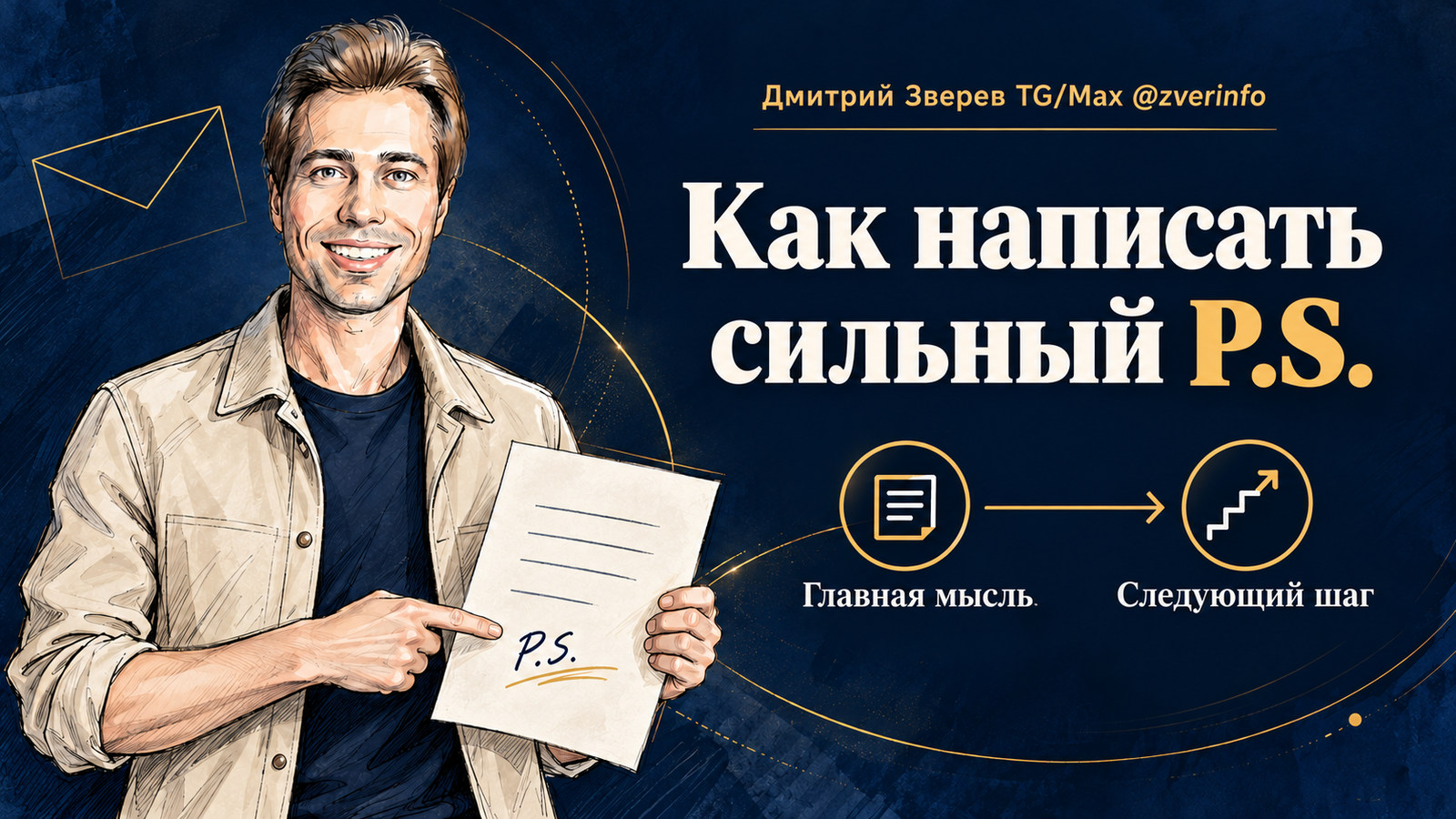 Дмитрий Зверев указывает на P.S. в письме; рядом заголовок «Как написать сильный P.S.» и схема «Главная мысль - Следующий шаг».