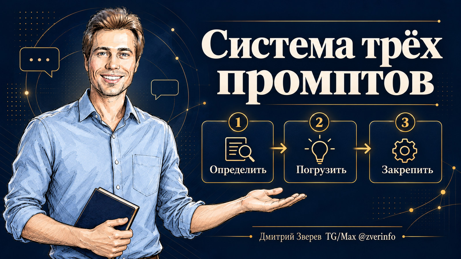 Дмитрий Зверев показывает три этапа настройки роли нейросети: определить, погрузить, закрепить