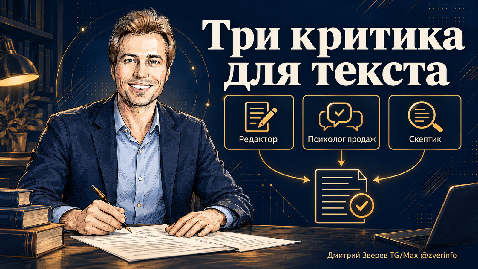 Дмитрий Зверев редактирует рукопись; три критика для текста: редактор, психолог продаж и скептик